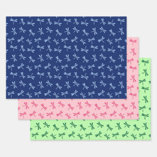 Hoja De Papel De Regalo Patrón de libélula japonesa, Marina. Coral, verde