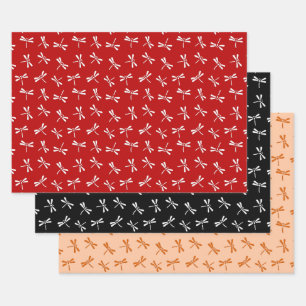 Hoja De Papel De Regalo Patrón de libélula japonesa, rojo, negro, Naranja