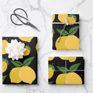 Hoja De Papel De Regalo Patrón de limón Fruto retro Amarillo sobre negro