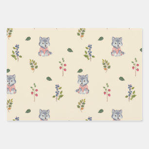 Hoja De Papel De Regalo Patrón de Lobo Adorable y Berries Forestales