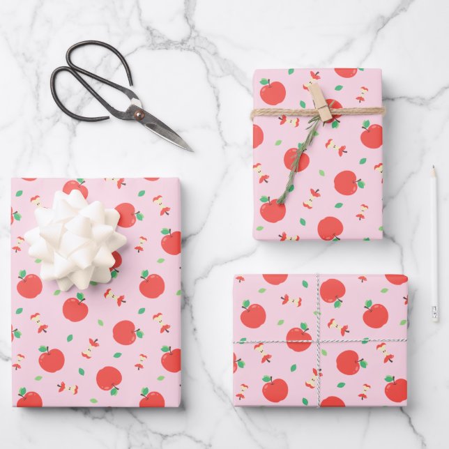 Hoja De Papel De Regalo Patrón de manzana con fondo rosado (Anverso)