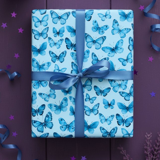 Hoja De Papel De Regalo Patrón de Mariposa Acuarela Regalo Elegante Bonito (Blue Butterfly Pattern Watercolor Elegant Pretty Gift Wrapping Paper Sheets
)