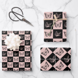 Hoja De Papel De Regalo Patrón de mariposa rosa y negro caprichoso