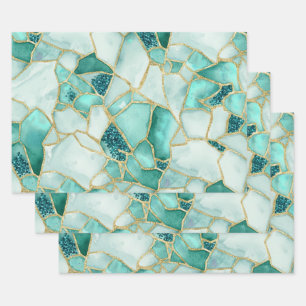 Hoja De Papel De Regalo Patrón de mosaico de vidrio marino acuarela dorado