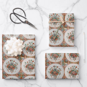 Hoja De Papel De Regalo Patrón de mosaicos de terracota floral vintage