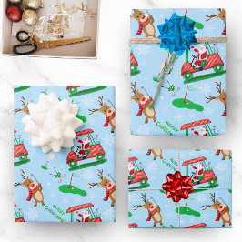 Hoja De Papel De Regalo Patrón de Navidad de Santa jugando golf con renos
