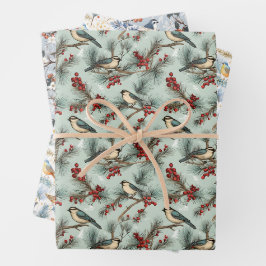 Hoja De Papel De Regalo Patrón de Navidades de Ave y Berry Rojo
