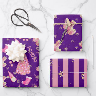 Hoja De Papel De Regalo Patrón de Navidades índigo rosado de oro divertido