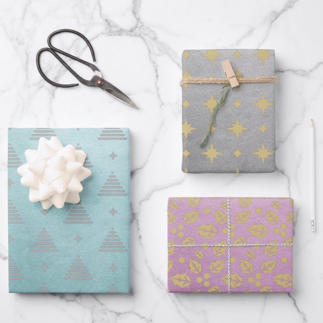 Hoja De Papel De Regalo Patrón de Navidades modernos de plata verde rosa p (Anverso)