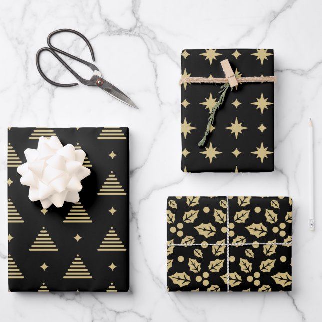 Hoja De Papel De Regalo Patrón de Navidades modernos en negro y oro (Anverso)