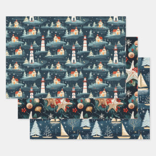 Hoja De Papel De Regalo Patrón de Navidades retro náuticos