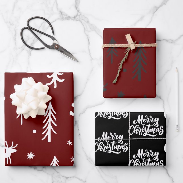 Hoja De Papel De Regalo Patrón de Navidades rojos Ilustraciones de árboles (Anverso)