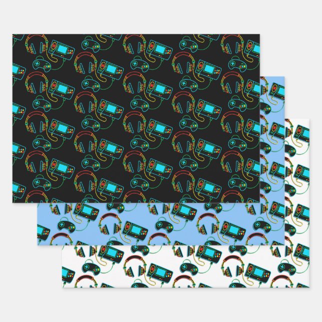 Hoja De Papel De Regalo Patrón de neón retro de gamer (Set)