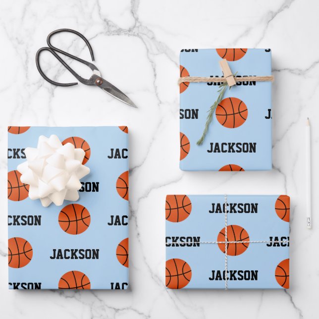 Hoja De Papel De Regalo Patrón de nombres de baloncesto niños azul (Anverso)