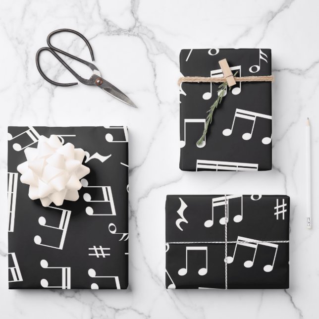 Hoja De Papel De Regalo Patrón de notas musicales en blanco y negro (Anverso)