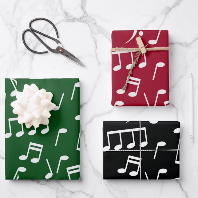 Hoja De Papel De Regalo Patrón de notas musicales en rojo, verde, negro su (Anverso)