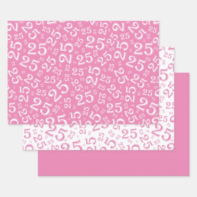 Hoja De Papel De Regalo Patrón de números rosa y blanco 25 de cumpleaños (Set)