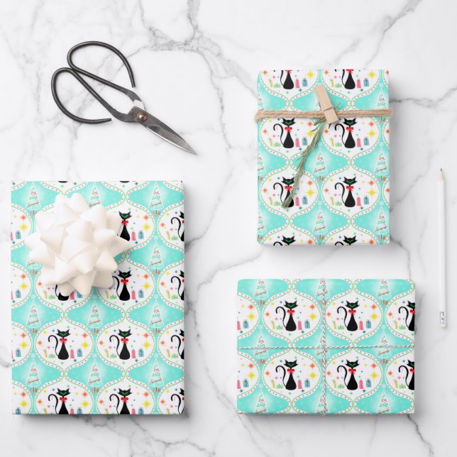 Hoja De Papel De Regalo Patrón de Ogeo gato siamés de Navidades retro (Anverso)