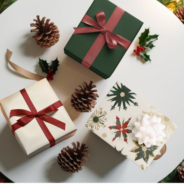 Hoja De Papel De Regalo Patrón de oro y copos de nieve verdes (Vintage Gold and Green Snowflakes pattern Wrapping Paper Sheets)