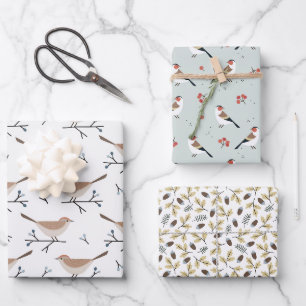 Hoja De Papel De Regalo Patrón de pájaros salvajes y ramas de Navidad