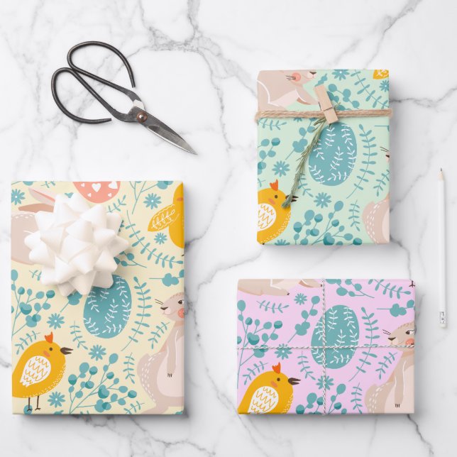 Hoja De Papel De Regalo Patrón de Pascua con huevos, conejito, polluelo, f (Anverso)