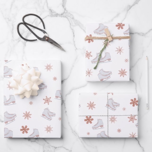 Hoja De Papel De Regalo Patrón de patinaje sobre hielo Rubor Gold Skates (Anverso)