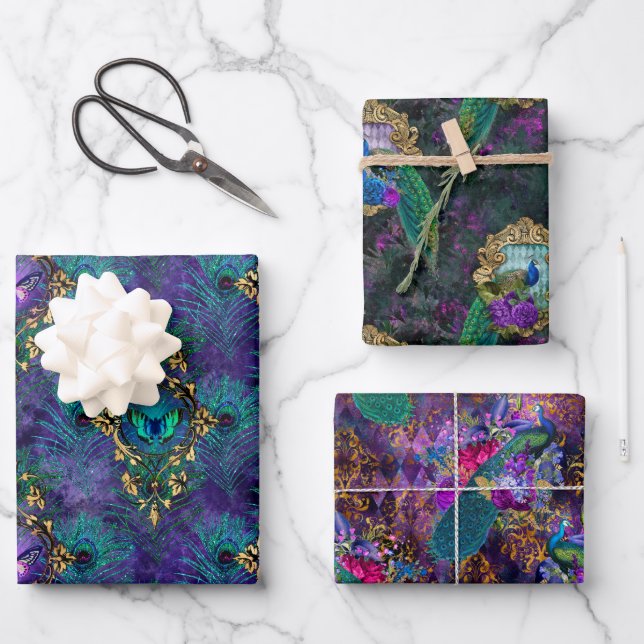 Hoja De Papel De Regalo Patrón de pavo real brillante (Anverso)