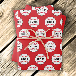 Hoja De Papel De Regalo Patrón de Pelota de Béisbol Nombre de Niños Cumple