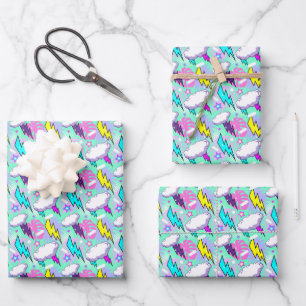 Hoja De Papel De Regalo Patrón de pernos y estrellas de neón relámpago