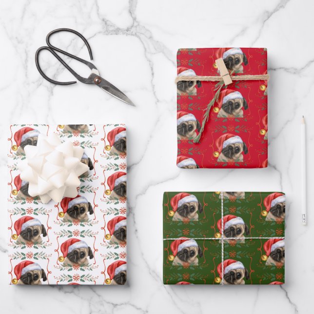 Hoja De Papel De Regalo Patrón de perro de pug de navidades (Anverso)