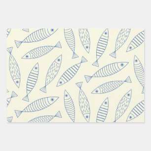 Hoja De Papel De Regalo Patrón de pescado sardina azul de garabato de esqu