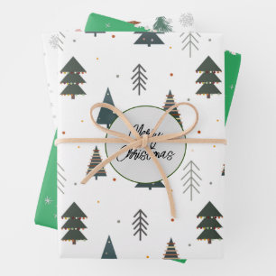 Hoja De Papel De Regalo Patrón de pino blanco y verde copos de nieve