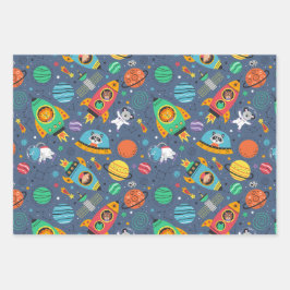 Hoja De Papel De Regalo Patrón De Planeta Espacial Hippo Y León