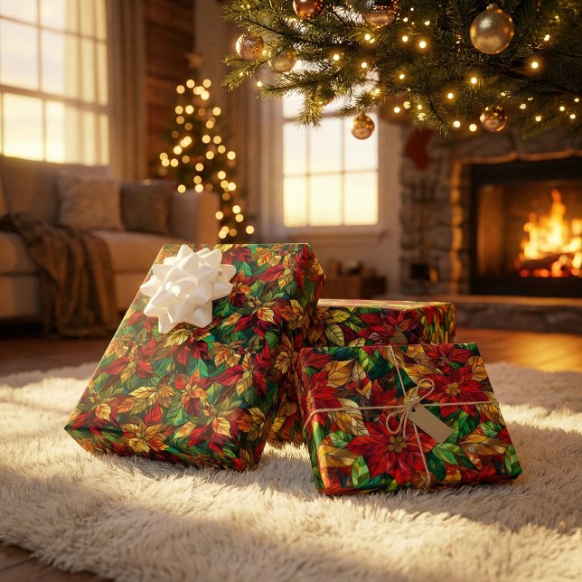 Hoja De Papel De Regalo Patrón de Poinsettia de vidrio templado festivo (Subido por el creador)