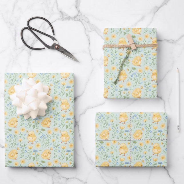 Hoja De Papel De Regalo Patrón de pollitos amarillos y flores lindas (Anverso)