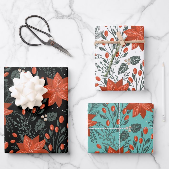 Hoja De Papel De Regalo patrón de puninsettia de los navidades (Anverso)