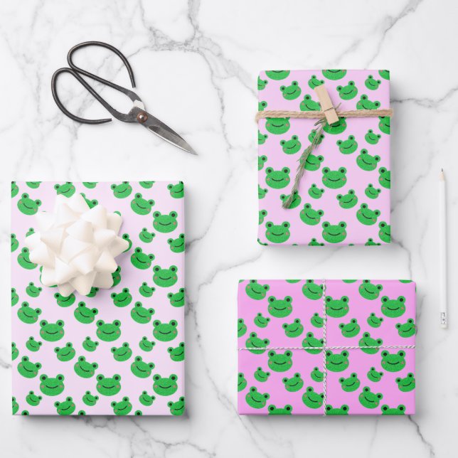 Hoja De Papel De Regalo Patrón de rana verde rosa (Anverso)
