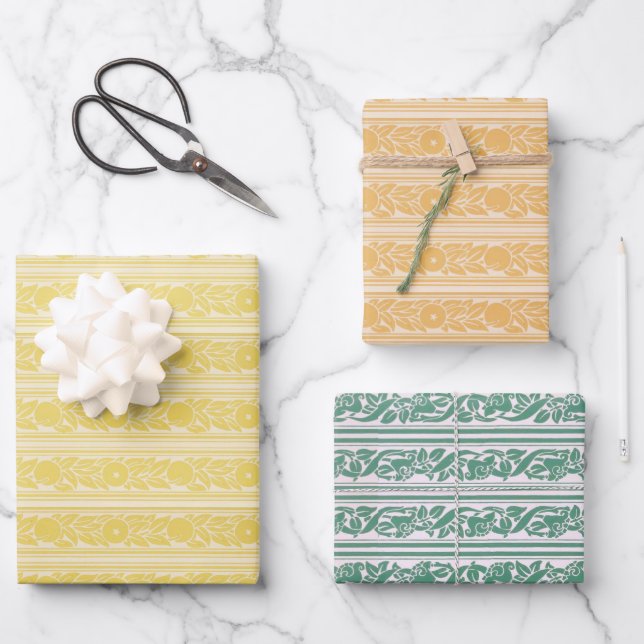 Hoja De Papel De Regalo Patrón de raya verde amarillo Naranja Morris vinta (Anverso)