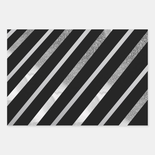 Hoja De Papel De Regalo Patrón de rayas diagonales en negro y plateado (Anverso)