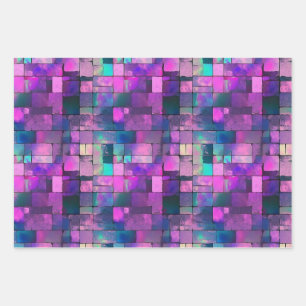 Hoja De Papel De Regalo Patrón de Rectángulos de cuadrados azul rosado bon