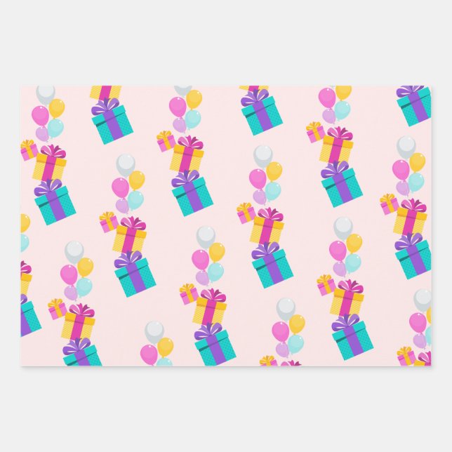 Hoja De Papel De Regalo Patrón de regalo pastel y globos  (Anverso)
