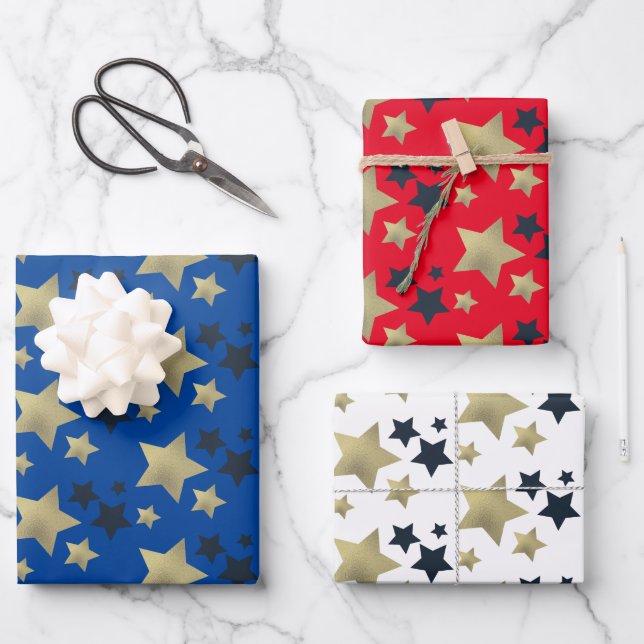 Hoja De Papel De Regalo Patrón de Relieve metalizado de Faux Stars Patriot (Anverso)