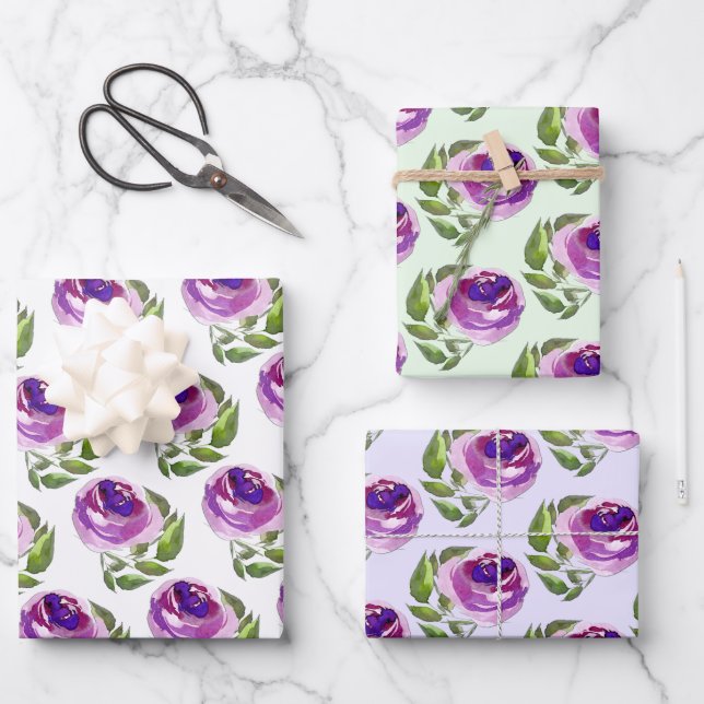 Hoja De Papel De Regalo Patrón de Rosas púrpura de acuarela floral (Anverso)