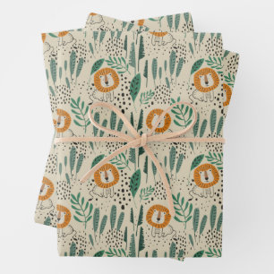 Hoja De Papel De Regalo Patrón de selva tropical de león de Doodle lindo