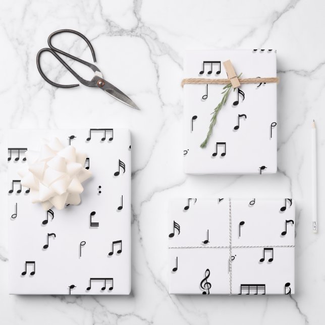 Hoja De Papel De Regalo Patrón de símbolos de notas musicales en blanco y  (Anverso)