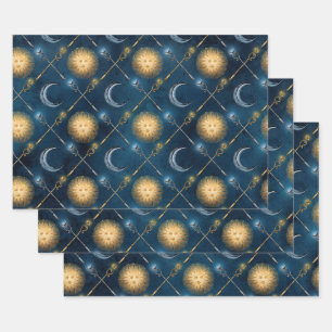 Hoja De Papel De Regalo Patrón de sol y luna sobre azul