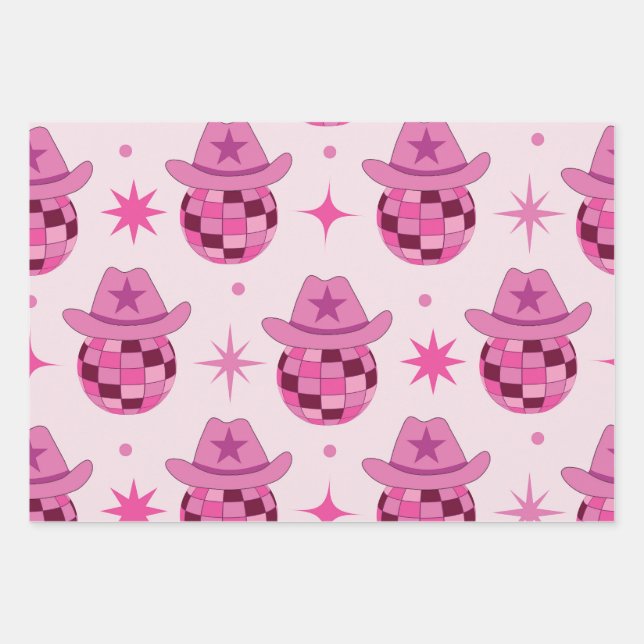Hoja De Papel De Regalo Patrón de sombrero de vaquera de discoteca rosa co (Anverso)