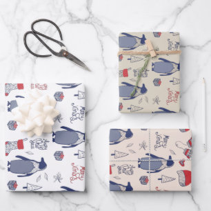 Hoja De Papel De Regalo Patrón de sombreros y guantes de pingüino de Navid