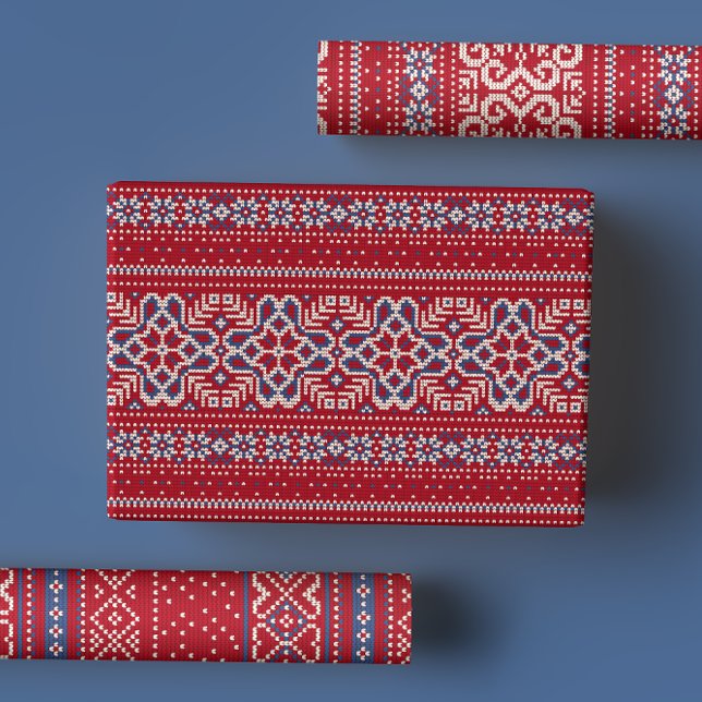 Hoja De Papel De Regalo Patrón de suéter de invierno rojo y azul escandina (Subido por el creador)