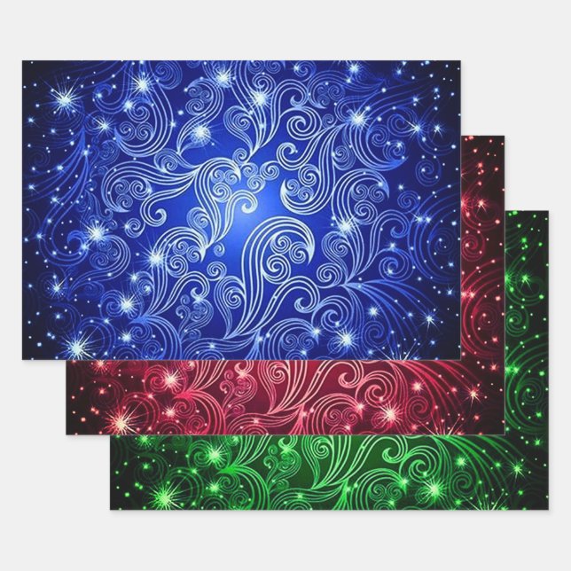Hoja De Papel De Regalo Patrón De Swirls Celestiales Azul Rojo Y Verde (Set)